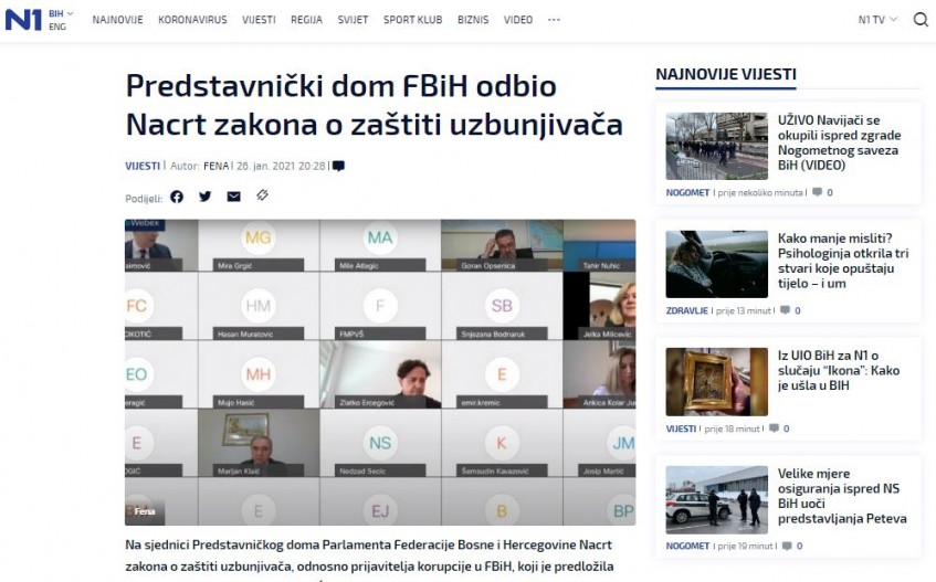 Predstavnički dom FBiH odbio Nacrt zakona o zaštiti uzbunjivača